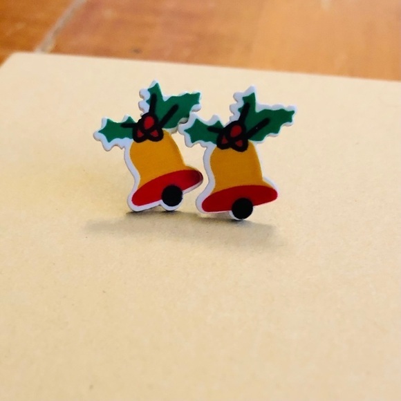 New! Festive Holiday Holly Bell Stud Earrings - Picture 7 of 8